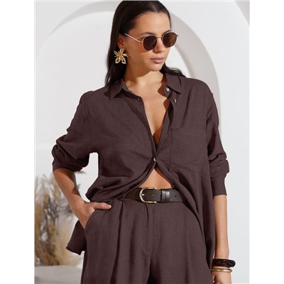 Свободная удлиненная блузка с карманом изо льна с вискозой