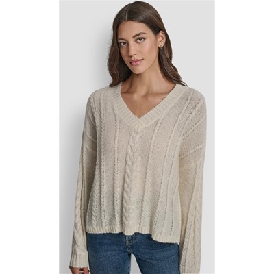 MOHAIR LIKE CABLE V-NECK SWEATER