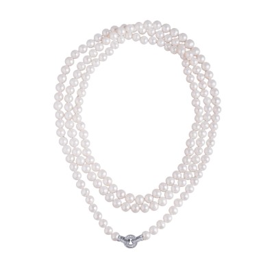 Колье (жемчуг белый 8-9мм, фианит; покрытие родий) 160см, Есть комплект