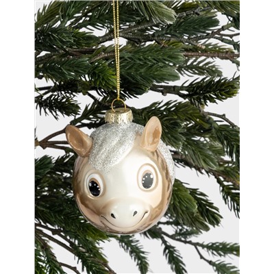 Игрушка елочная, 7x8 см, стекло, бежевая, Лошадка с блестящей гривой, New year