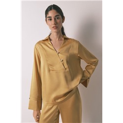 Pijama camisero largo satén mostaza