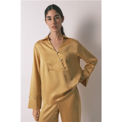 Pijama camisero largo satén mostaza