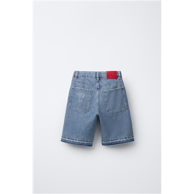 EMBROIDERED FRAYED DENIM BERMUDA SHORTS