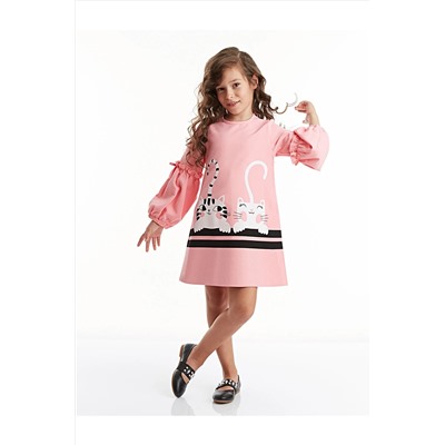 Denokids Cute Friends Kedi Pembe Kız Çocuk Dokuma Elbise CFF-19K1-045