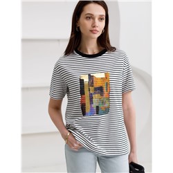 Свободная футболка в черно-белую полоску с принтом из премиального хлопка с эластаном