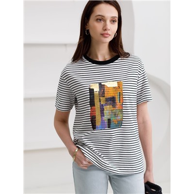 Свободная футболка в черно-белую полоску с принтом из премиального хлопка с эластаном