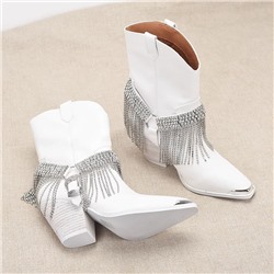 Крутые кожаные короткие сапоги с кисточками из страз на толстом каблуке в ковбойском стиле
