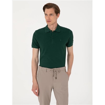 Koyu Yeşil Slim Fit %100 Pamuk Polo Yaka Basic Tişört