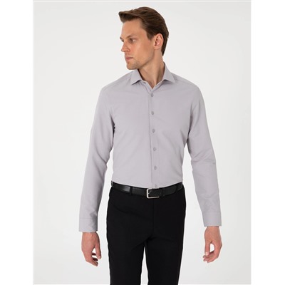 Gri Slim Fit Uzun Kollu Armürlü Gömlek