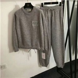 спортивный костюм Celin, плюшевый вышитый логотип на груди, пуловер на талии с кулиской, свитер с длинными рукавами + повседневные леггинсы на кулиске, серый, хаки, [один размер подходит всем, обхват груди 92, длина рукава 66, длина одежды; 57; талия 64, резинка, длина 104]