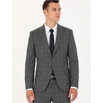 Füme Ekose Ekstra Slim Fit Yün Karışımlı Takım Elbise