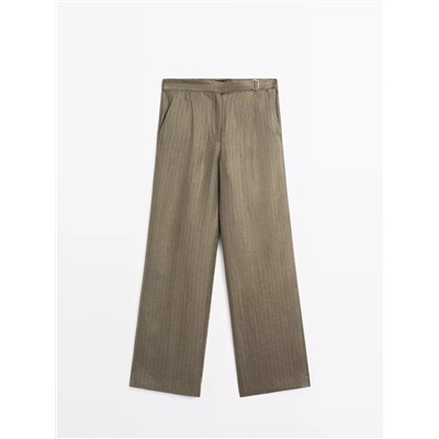 100% linen striped trousers with buckle detail