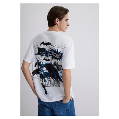 Mavi Batman Baskılı Beyaz Tişört Loose Fit / Bol Rahat Kesim 0612568-620