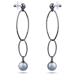 Серьги (Майорка 12мм серо-голубая; покрытие черный родий), Есть комплект