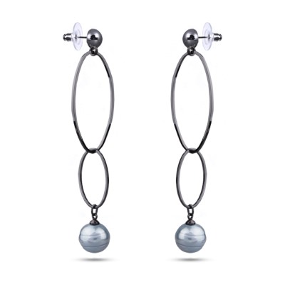 Серьги (Майорка 12мм серо-голубая; покрытие черный родий), Есть комплект