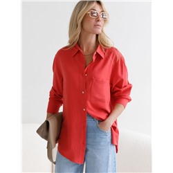 Свободная удлиненная блузка с карманом изо льна с вискозой