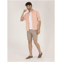 Açık Kahverengi Slim Fit Keten Karışımlı Çizgili Bağcıklı Bermuda Şort
