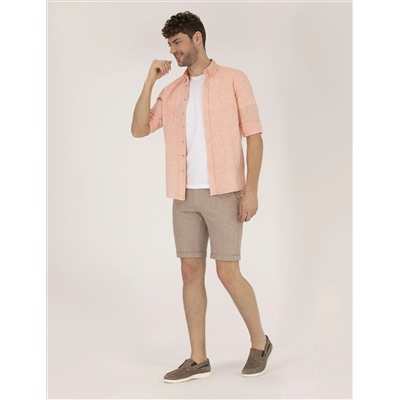 Açık Kahverengi Slim Fit Keten Karışımlı Çizgili Bağcıklı Bermuda Şort