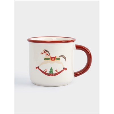 Кружка, 470 мл, с ложкой, керамика D/сталь, красная, Елка/Лошадка-качалка, Bright horse