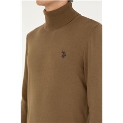 Erkek Slim Fit Boğazlı Yaka Haki Basic Kazak