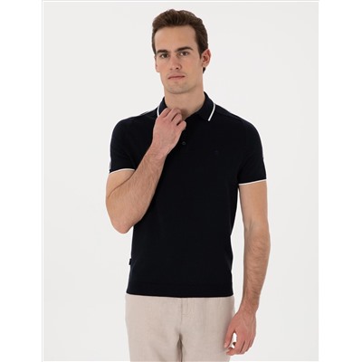 Lacivert Slim Fit Düğmeli Polo Yaka Triko Tişört