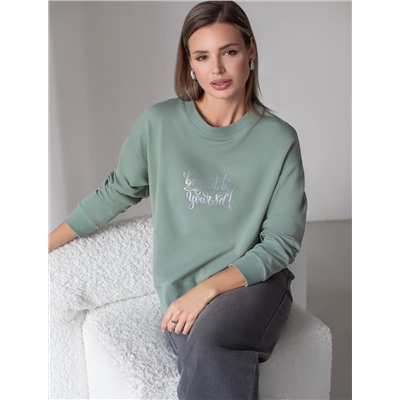 Свободный свитшот с принтом и разрезами из эластичного футера двухнитки без начеса