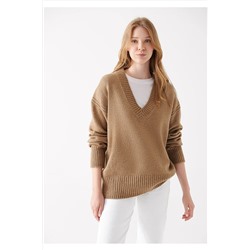 Mavi V Yaka Kahverengi Kazak Oversize / Geniş Kesim 1710123-82337