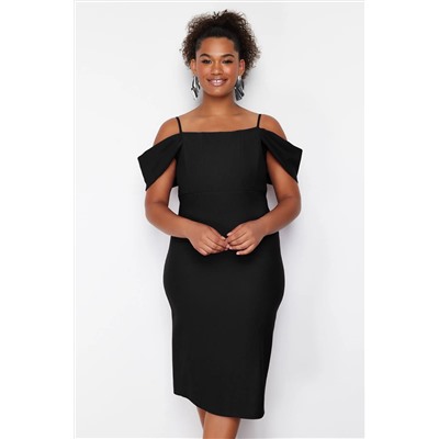 Trendyol Curve Siyah Düz Bodycone Midi Dokuma Büyük Beden Elbise TBBSS24AH00000