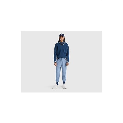 United Colors of Benetton Erkek Indigo V Yaka Çizgili Kazak 123P1298K400A-0Y3