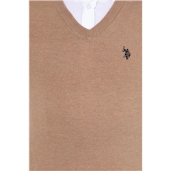 Erkek Camel Melanj V - Yaka Basic Triko Kazak