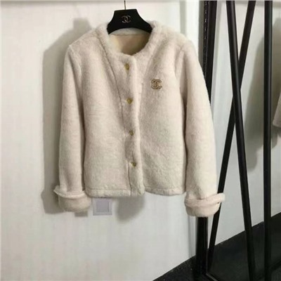 цельная куртка из искусственного меха с круглым вырезом и длинными рукавами, белый, коричневый, [один размер подходит всем; ширина плеч 40, обхват груди 114, длина рукава 61, длина одежды 58]