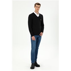 Erkek Slim Fit V Yaka Siyah Basic Kazak