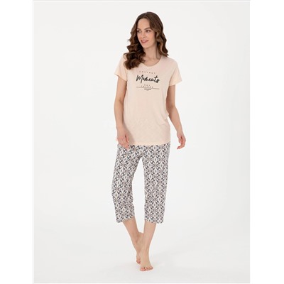 Bej Kısakollu Kapri Pijama Takımı