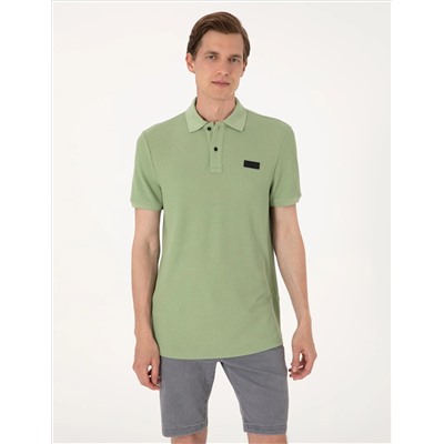Çağla Yeşili Slim Fit Örme Dokulu Polo Yaka Tişört