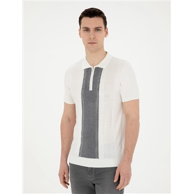 Beyaz Slim Fit Fermuarlı Polo Yaka Triko Tişört