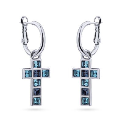 Серьги Квадро (кристаллы SW джинс, аквамарин; покрытие родий), Есть комплект