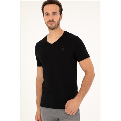 Erkek Slim Fit V Yaka Siyah Basic Tişört