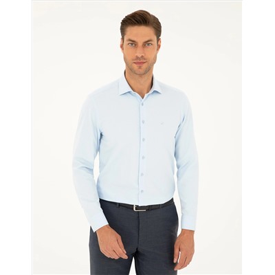 Açık Mavi Slim Fit Armürlü Uzun Kollu Gömlek