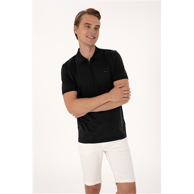 Erkek Regular Fit Siyah Polo Yaka Fermuarlı Tişört
