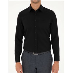Siyah Slim Fit Armürlü Uzun Kollu Gömlek