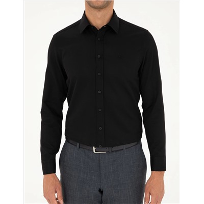 Siyah Slim Fit Armürlü Uzun Kollu Gömlek