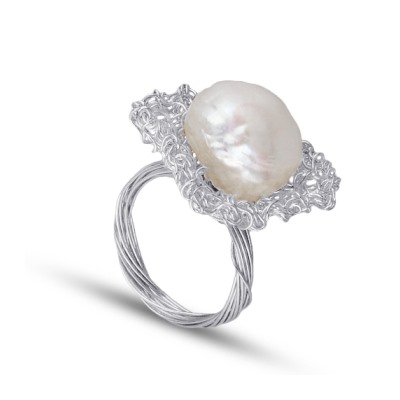 Кольцо (жемчуг белый 13мм; покрытие родий), Есть комплект