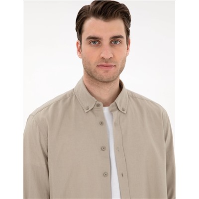 Haki Keten Karışımlı Regular Fit Uzun Kollu Gömlek