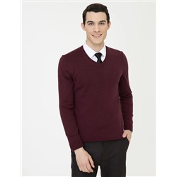 Bordo Slim Fit V Yaka Basic Triko Kazak