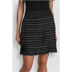 FAUX SUEDE STUDDED FRINGE MINI SKIRT