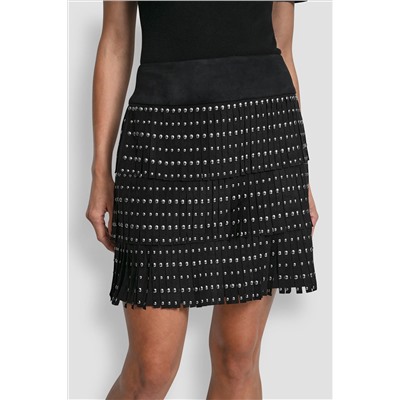 FAUX SUEDE STUDDED FRINGE MINI SKIRT