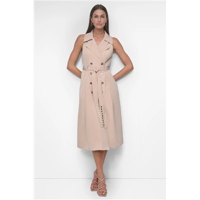 SLEEVELESS TECH COTTON BELTED MIDI DRESS