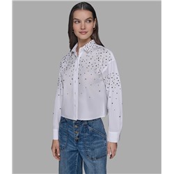 LONG SLEEVE CROP STUDDED POPLIN SHIRT