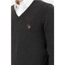 Erkek Slim Fit V Yaka Antrasit Basic Kazak