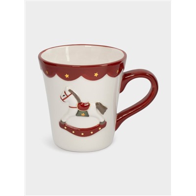Кружка, 510 мл, керамика D, бело-красная, Лошадка-качалка, New year